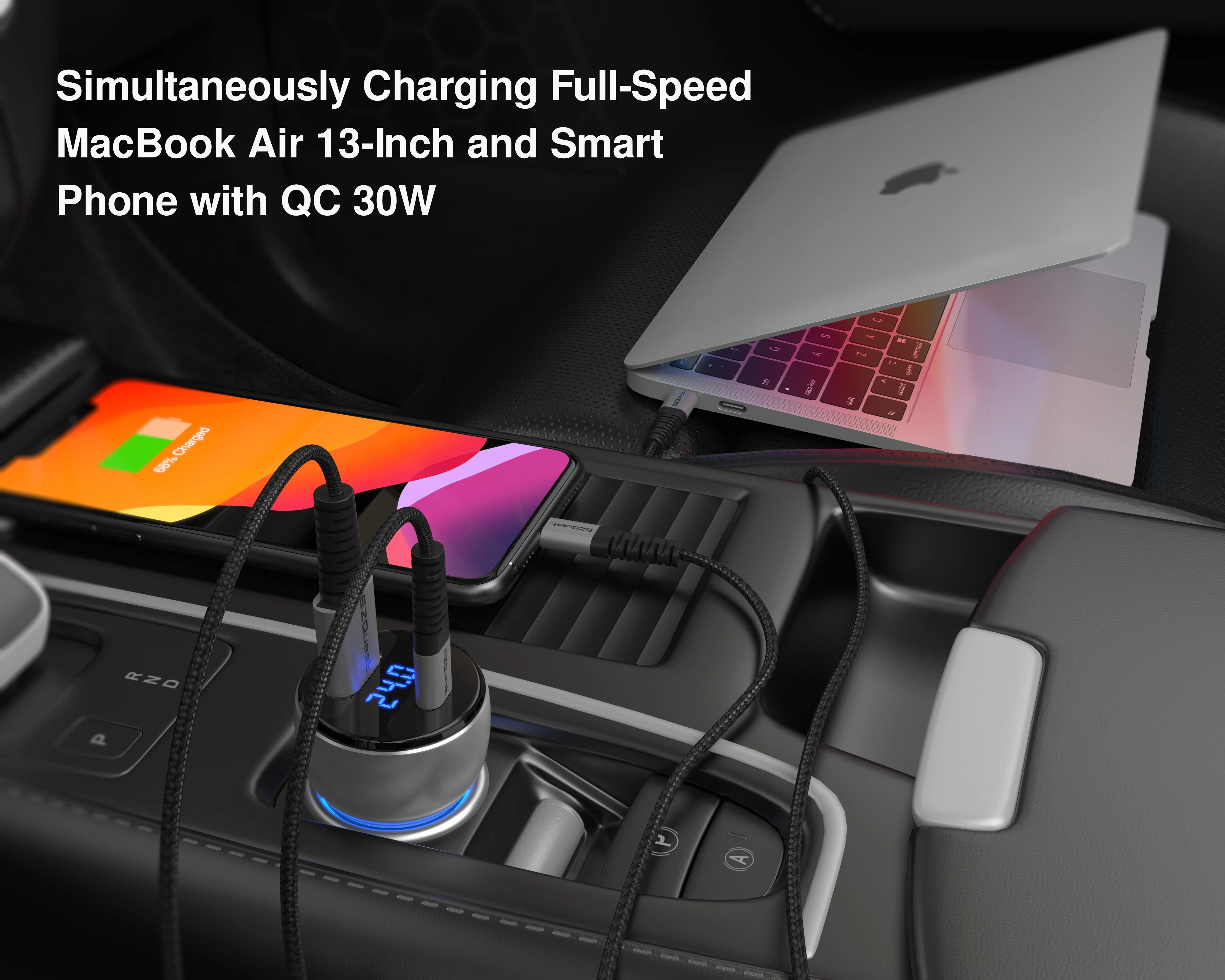 EZQuest UltimatePower Dual Port USB 3.0 and USB-C 66W Car Charger w/ Display - Image 4