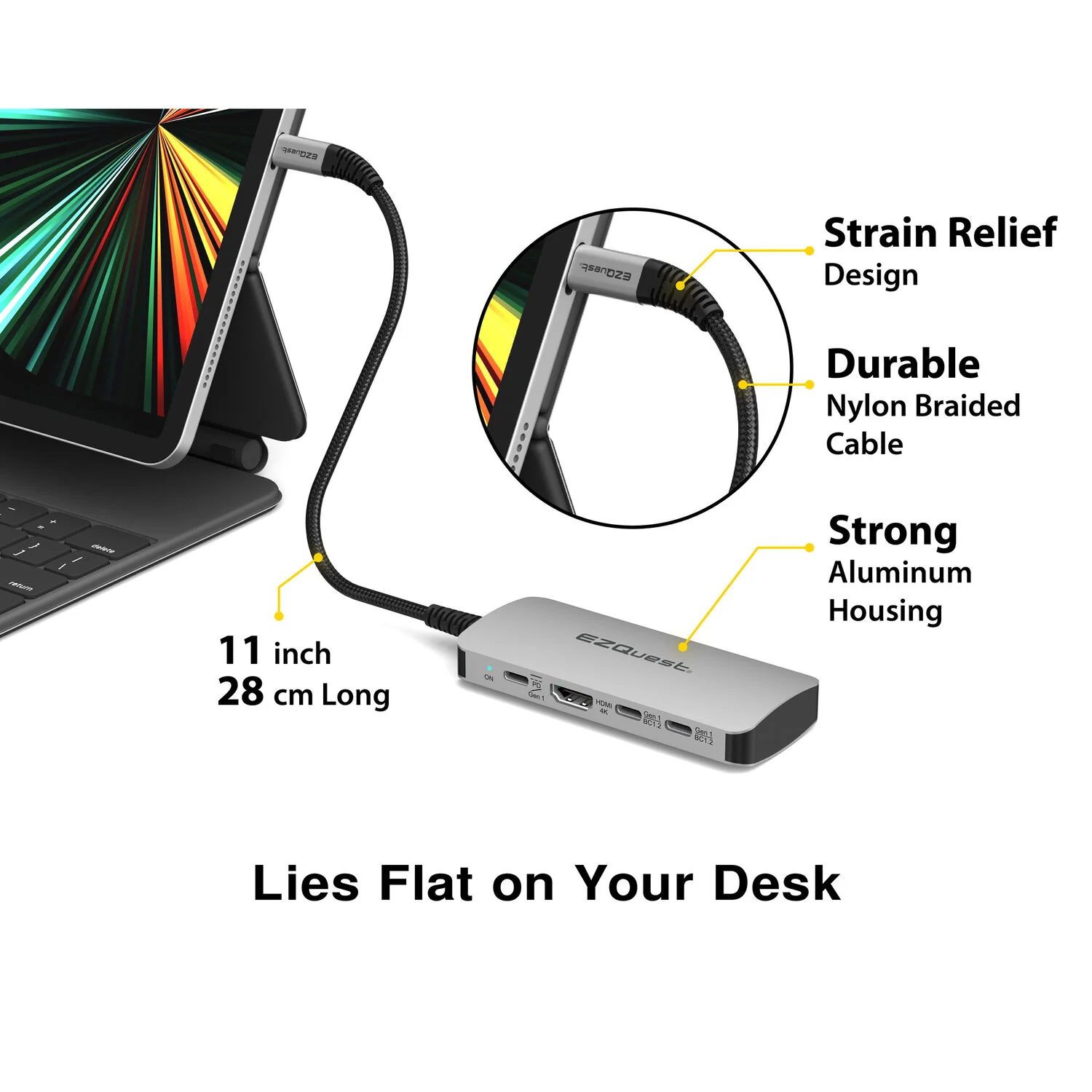 EZQuest USB-C Multimedia 8-in-1 Hub, HDMI 4K, 100 Watts USB-C Power Delivery with (FRS) or 5Gbps Data, 2 x USB-C Ports, 2 x USB-A 3.0 Ports, SD and Micro SD - Image 3