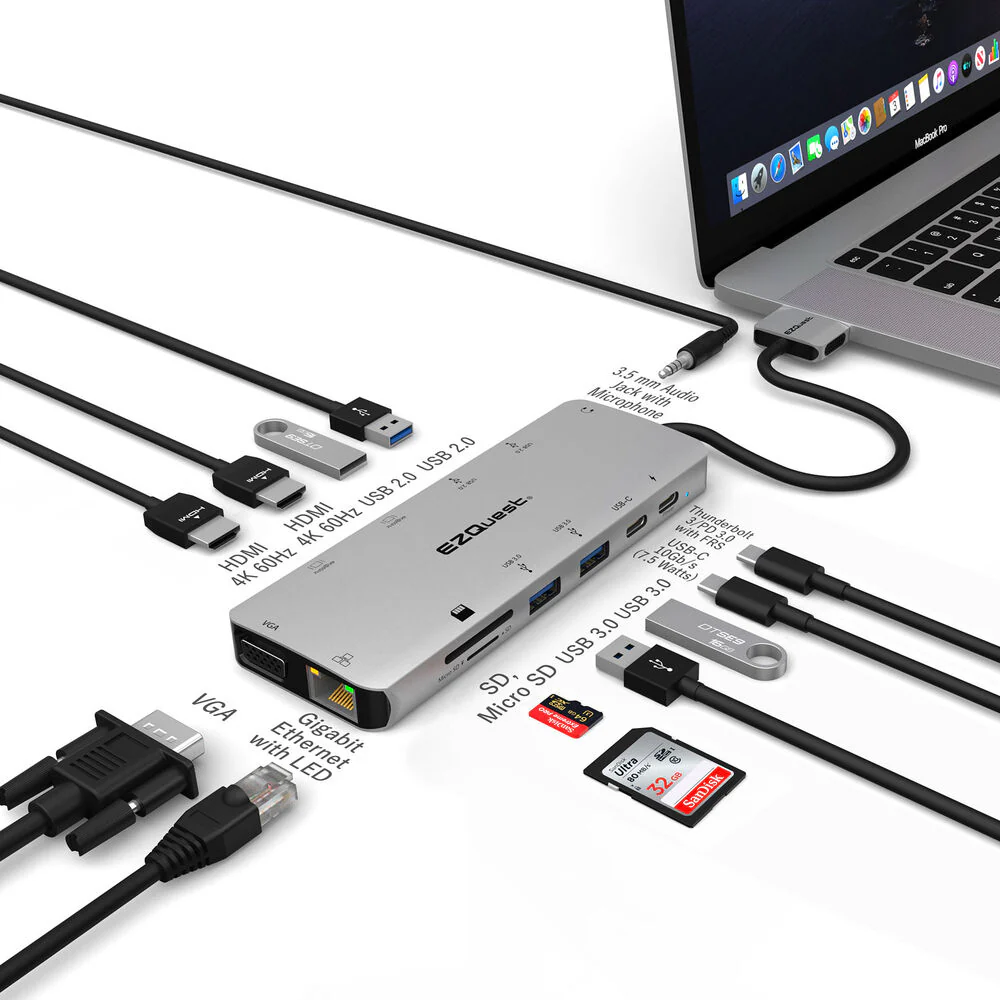 EZQuest USB-C to Multimedia Hub 13-ports, 2x HDMI 4K, VGA, 2x USB 3.0, USB-C, 1000BT, SD/Micro Card/Audio Jack - Image 3